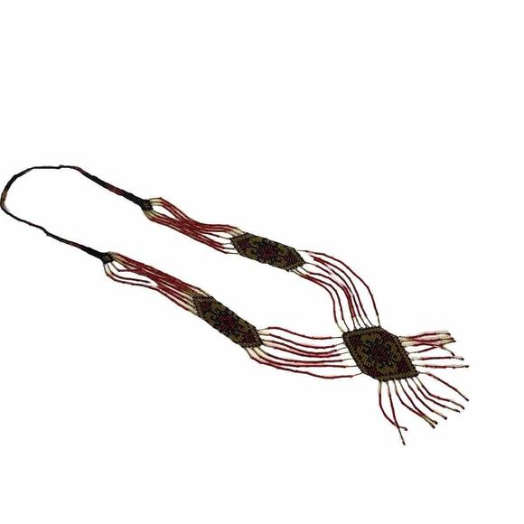 Russian Necklace Carpathian Seed Bead Indigenous Caucus Art Vintage Handmade Red - Picture 14 of 16